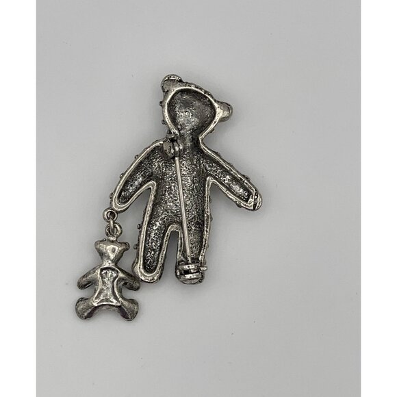 Teddy Bears Brooch Textured Silver Tone Metal Red Bow Green Eyes - Picture 3 of 12